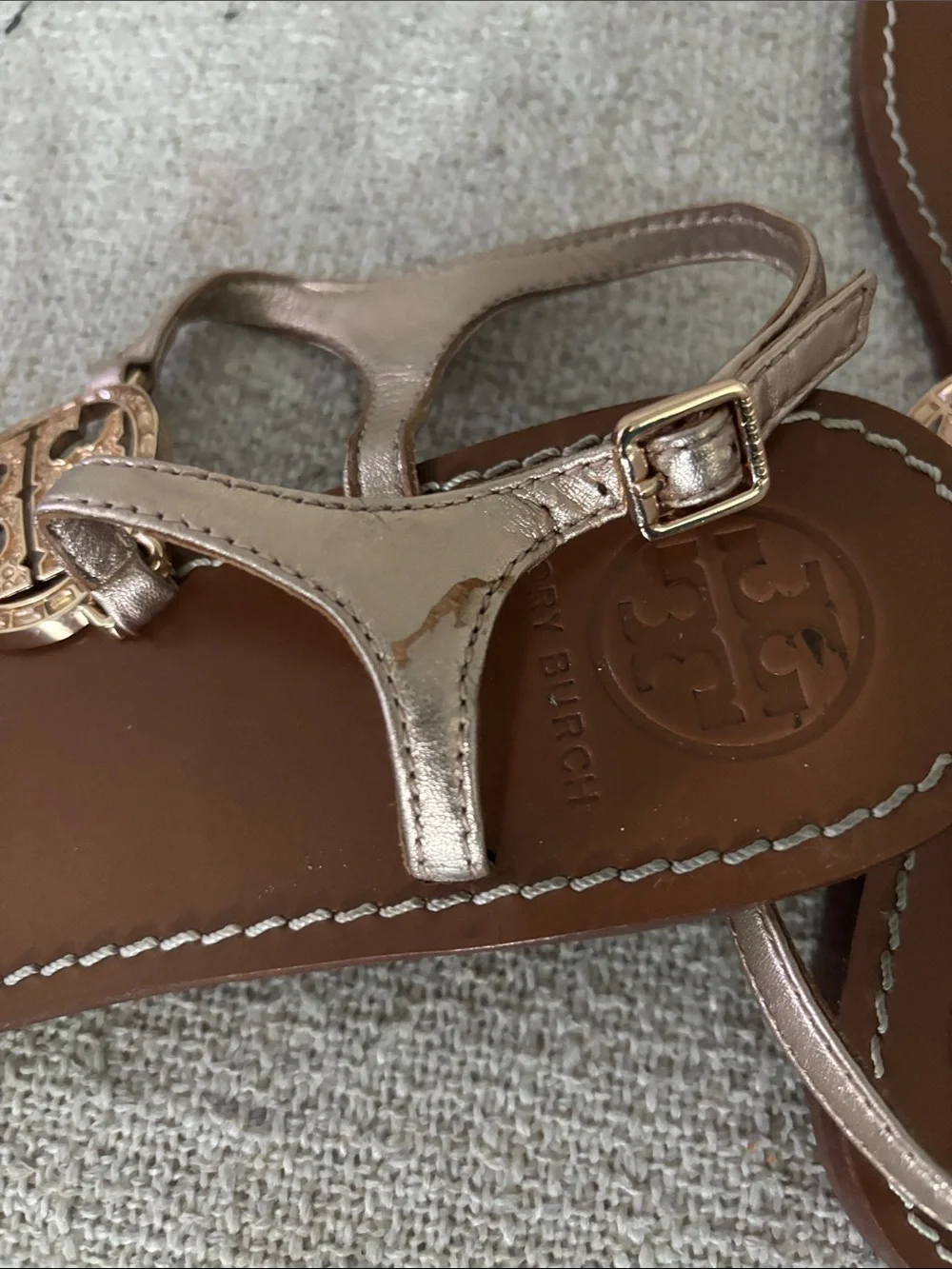 Tory Burch Metallic Rose Gold T-Strap Logo Sandals